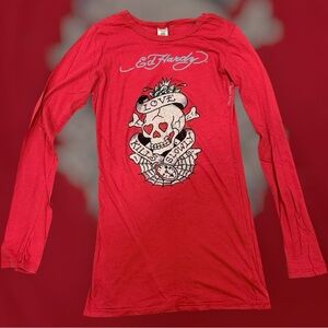 Ed Hardy Womens Sz M Tunic Red Long Sleeve Graphic Shirt Y2K Christian Audigier
